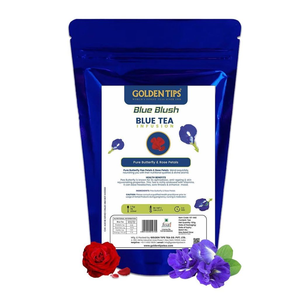 Golden Tips Blue Blush Pure Butterfly and Rose Petals Infusion Blue Tea, Dried Butterfly Pea Flower, Premium Zipper (100gm -50 cups)