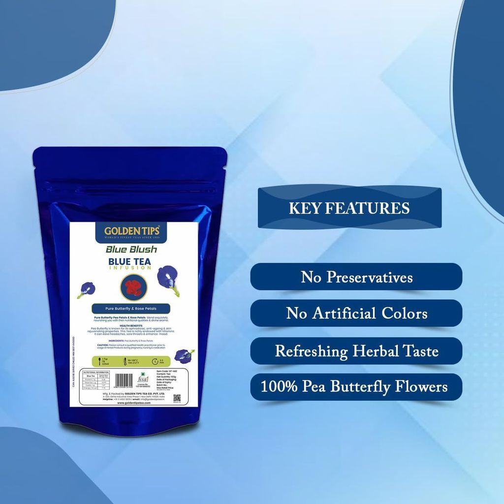 Golden Tips Blue Blush Pure Butterfly and Rose Petals Infusion Blue Tea, Dried Butterfly Pea Flower, Premium Zipper (100gm -50 cups)