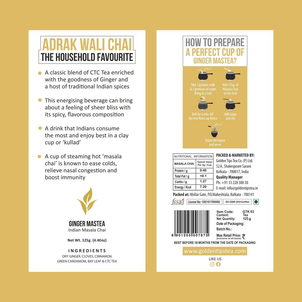 Golden Tips Ginger Mastea Loose Leaves Spicy Indian Chai (125 gm - 62 cups)