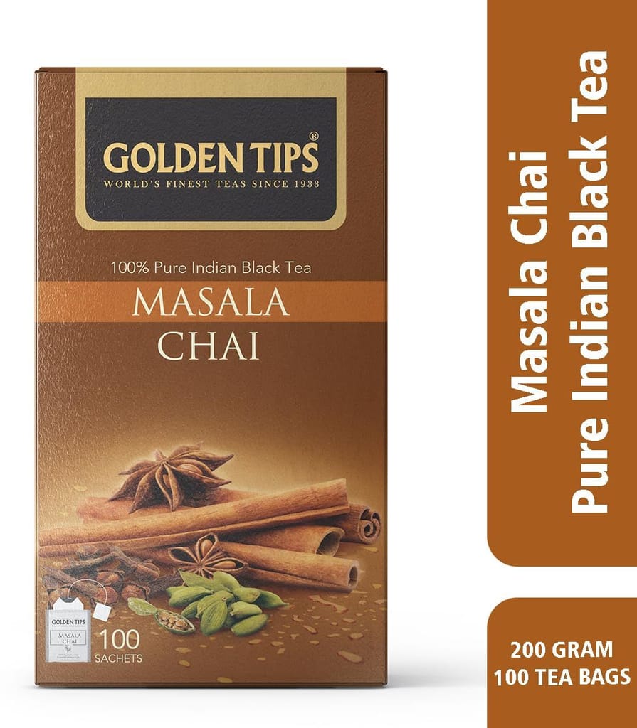 Golden Tips Healthy/Natural and Organic Indian Masala Chai Spiced Tea Bags/Sachet (100 Bags, 200 Gram)