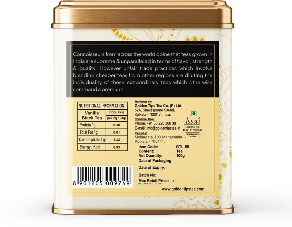 Golden Tips Vanilla Flavour Loose Leaves Black Tea Tin Can (100 Gram , 50 cups)