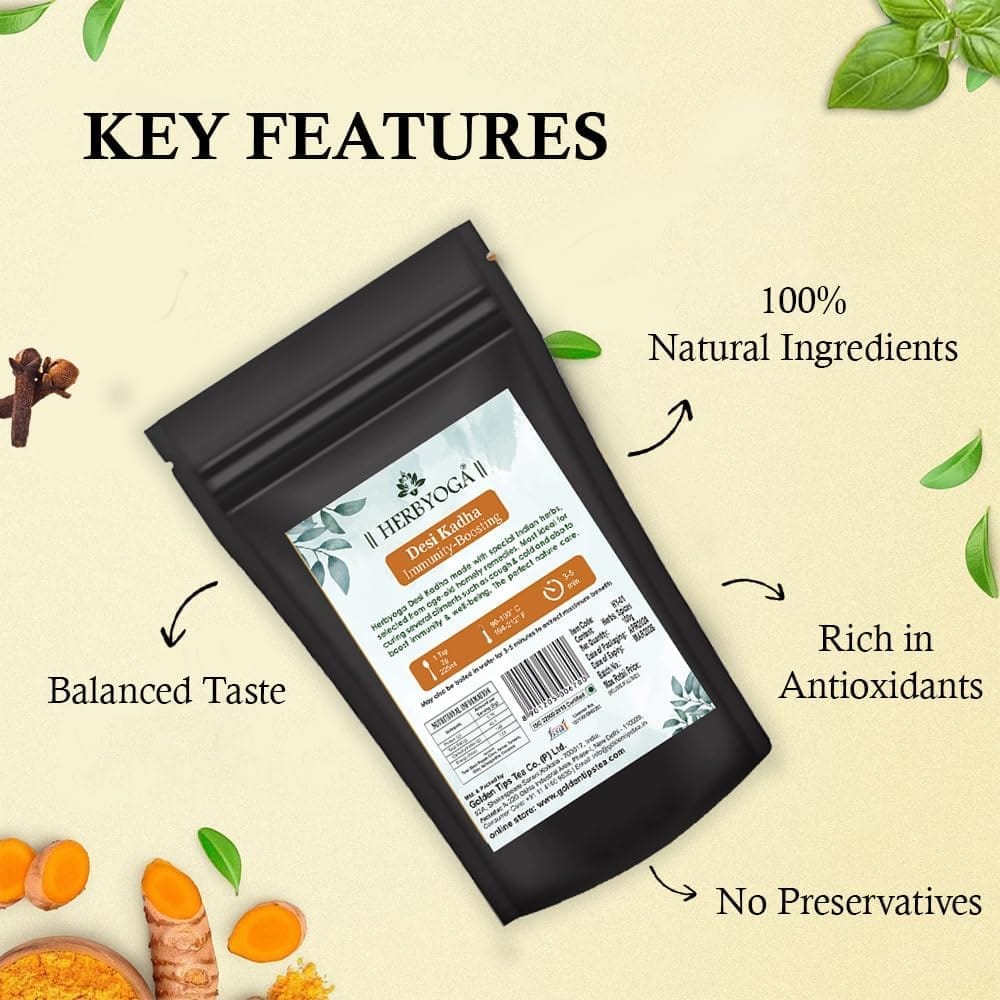 Golden Tips HERBYOGA Desi Kadha Herbal Tea Immunity Booster Pouch (100 Gram, 50 cups)