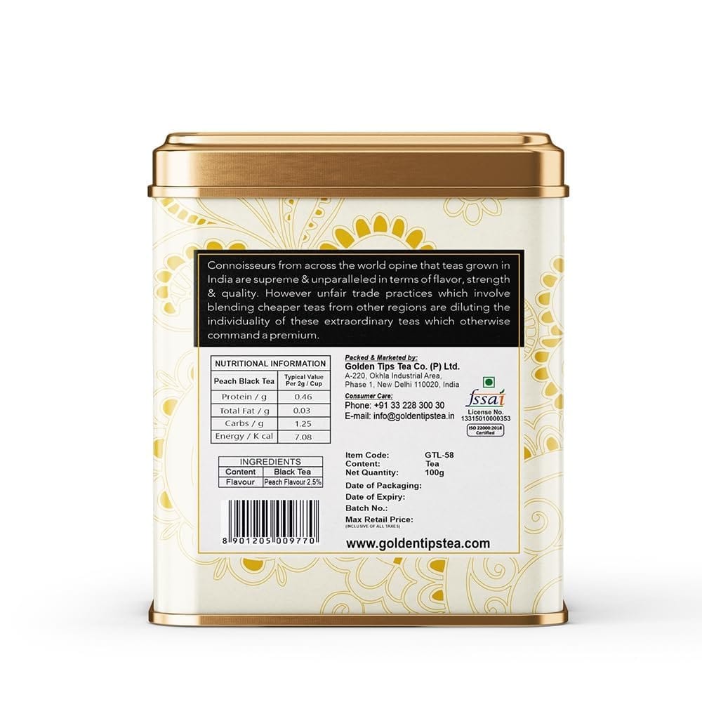 Golden Tips Peach Flavor Black Tea Loose-Leaf Healthy And Natural Tea (100 Gram, 50 Cups)