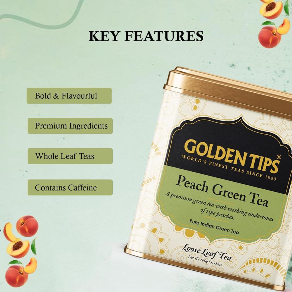 Golden Tips Peach Green Tea Loose Leaves Tin can (100 Gram , 50 cups)