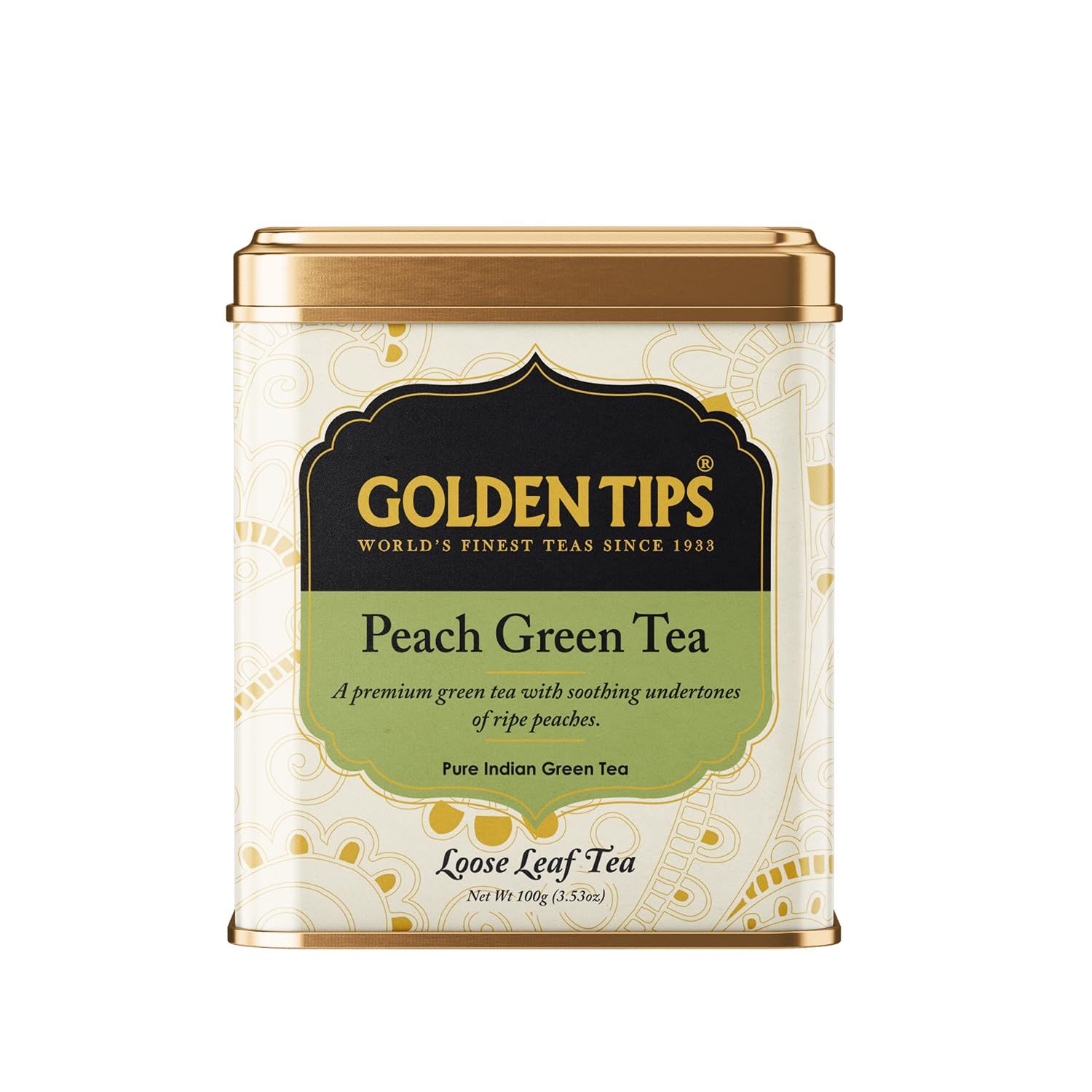 Golden Tips Premium Green Tea with Ripe Peach Flavor, Refreshing Antioxidant-Rich Loose Leaf Tea Tin Can, Aromatic & Fruity with Mild Color, Soothing Aftertaste (100 Gram, 50 cups)