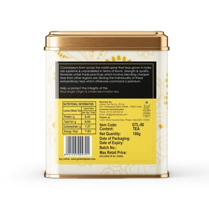 Golden Tips Healthy/Natural and Organic Loose Leaves Lemon Flavour Black Tea Tin Can (100 Gram, 50 Cups)
