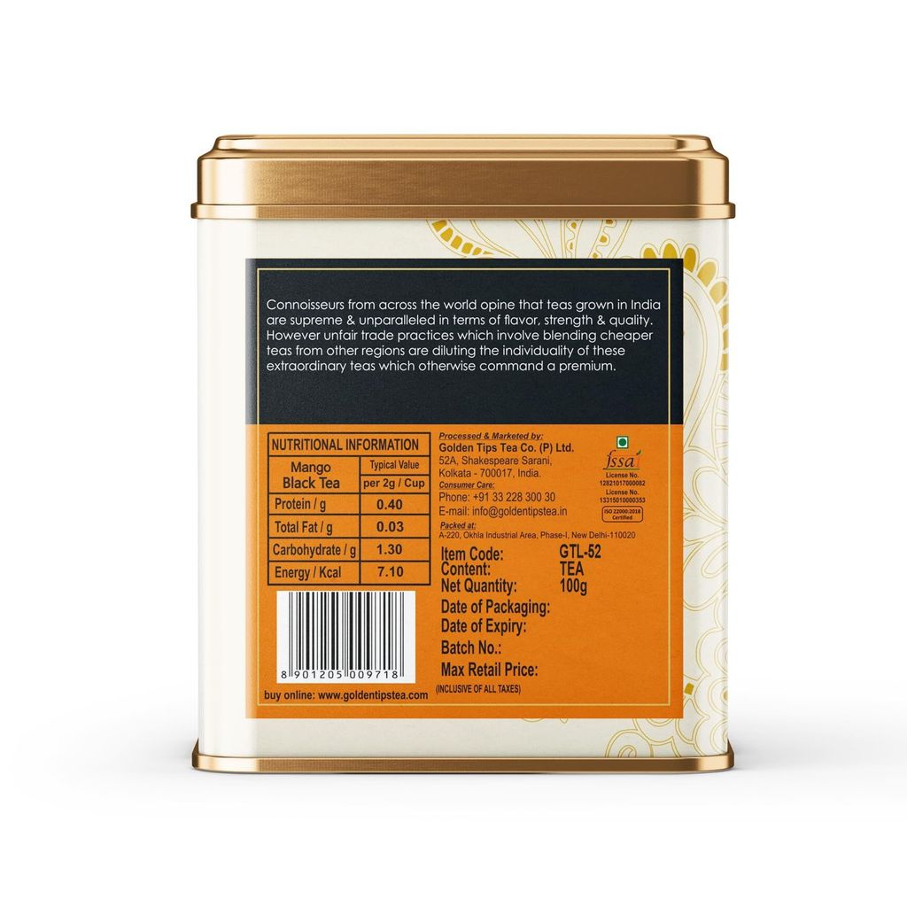 Golden Tips Healthy/Natural and Organic Mango Flavour Loose Leaves Black Tea Tin Can (100 Gram, 50 Cups)