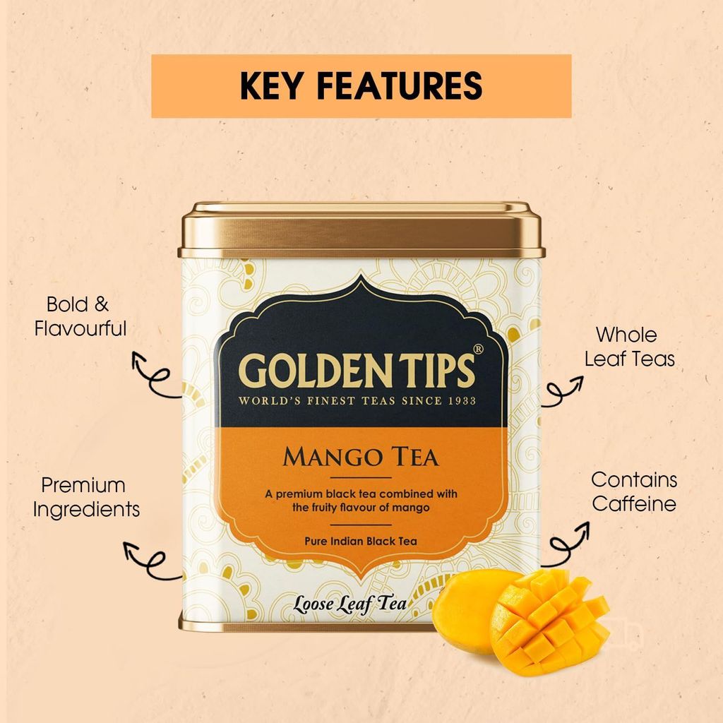 Golden Tips Healthy/Natural and Organic Mango Flavour Loose Leaves Black Tea Tin Can (100 Gram, 50 Cups)