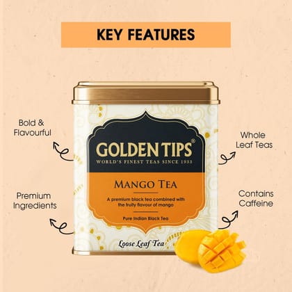 Golden Tips Healthy/Natural and Organic Mango Flavour Loose Leaves Black Tea Tin Can (100 Gram, 50 Cups)