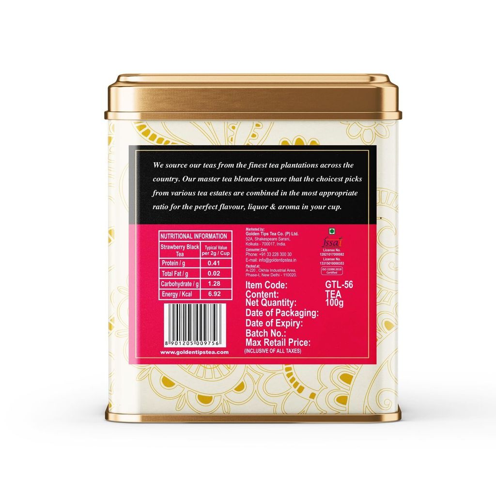 Golden Tips Healthy/ Natural Loose Leaves Strawberry Flavour Black Tea Tin Can (100 Gram, 50 cups)