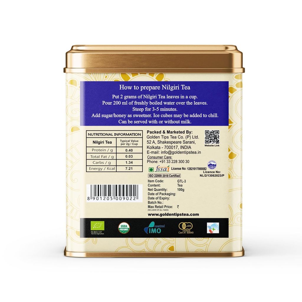 Golden Tips Nilgiri Black Tea Loose Leaves Tin can (100 Gram, 50 cups)