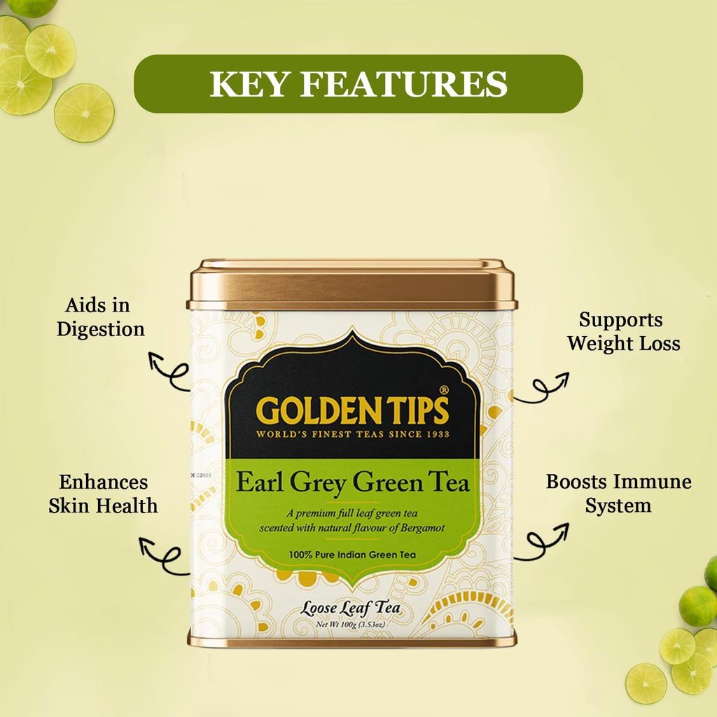 Golden Tips Earl Grey Green Tea Loose Leaves Tin can (100 Gram , 50 Cups)