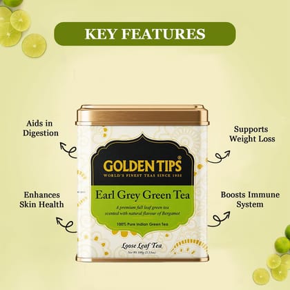 Golden Tips Earl Grey Green Tea Loose Leaves Tin can (100 Gram , 50 Cups)