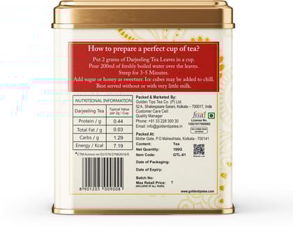 Golden Tips Darjeeling Black Tea, Premium Loose-Leaf Tea, Rich Aroma & Delicate Flavor, (100 Gram, 50 cups)