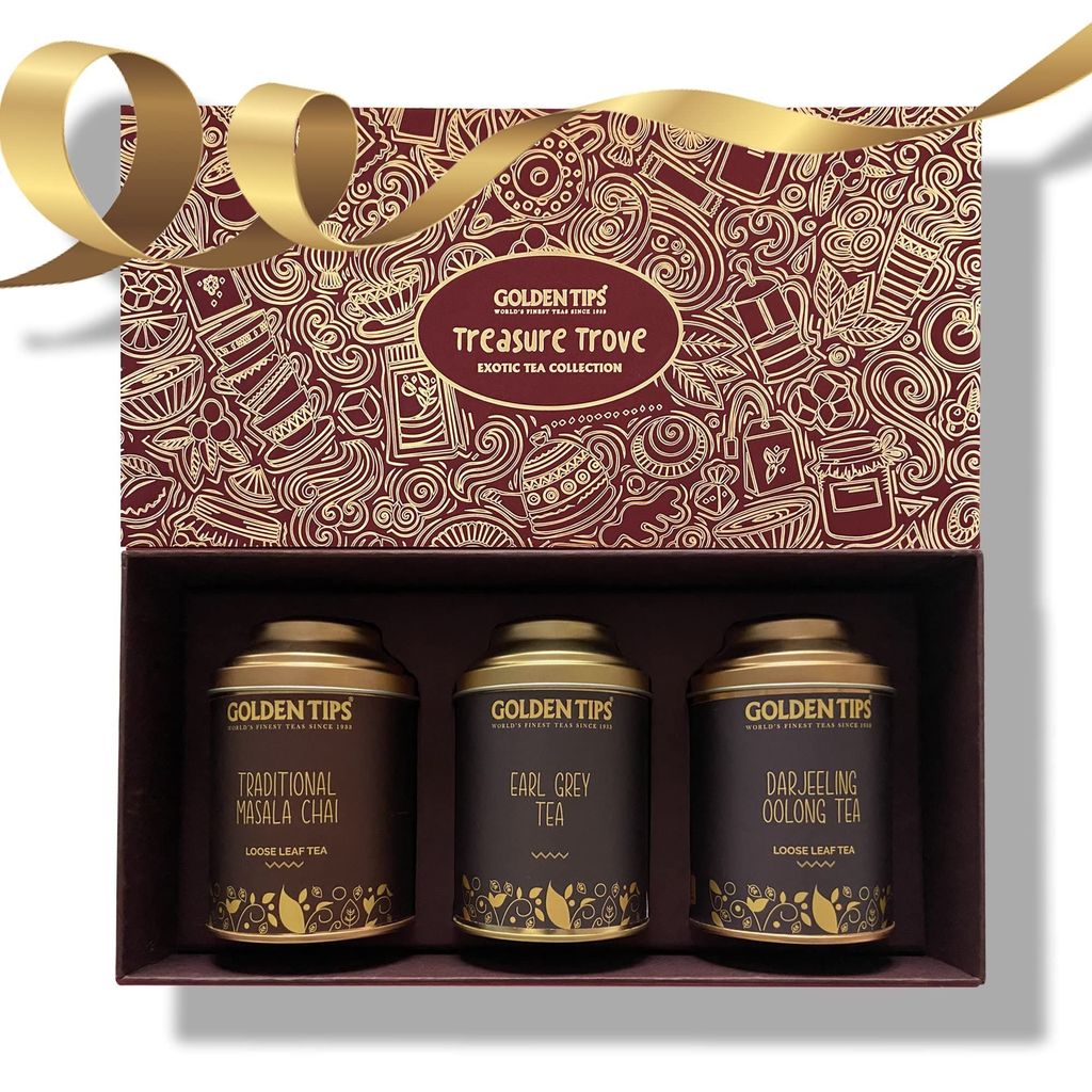 Golden Tips Healthy/Natural and Organic Combo Pack of Loose Leaf Masala Chai, Earl Grey Tea and Oolong Tea Assorted Tea Gift Box/Diwali Gifts for Family and Friends
