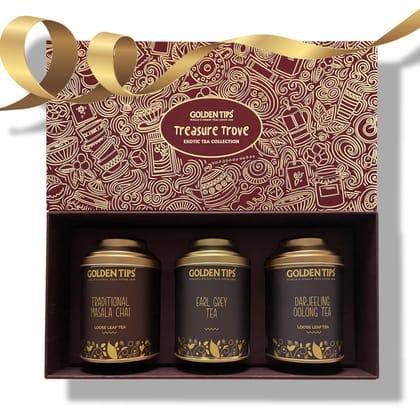 Golden Tips Healthy/Natural and Organic Combo Pack of Loose Leaf Masala Chai, Earl Grey Tea and Oolong Tea Assorted Tea Gift Box/Diwali Gifts for Family and Friends