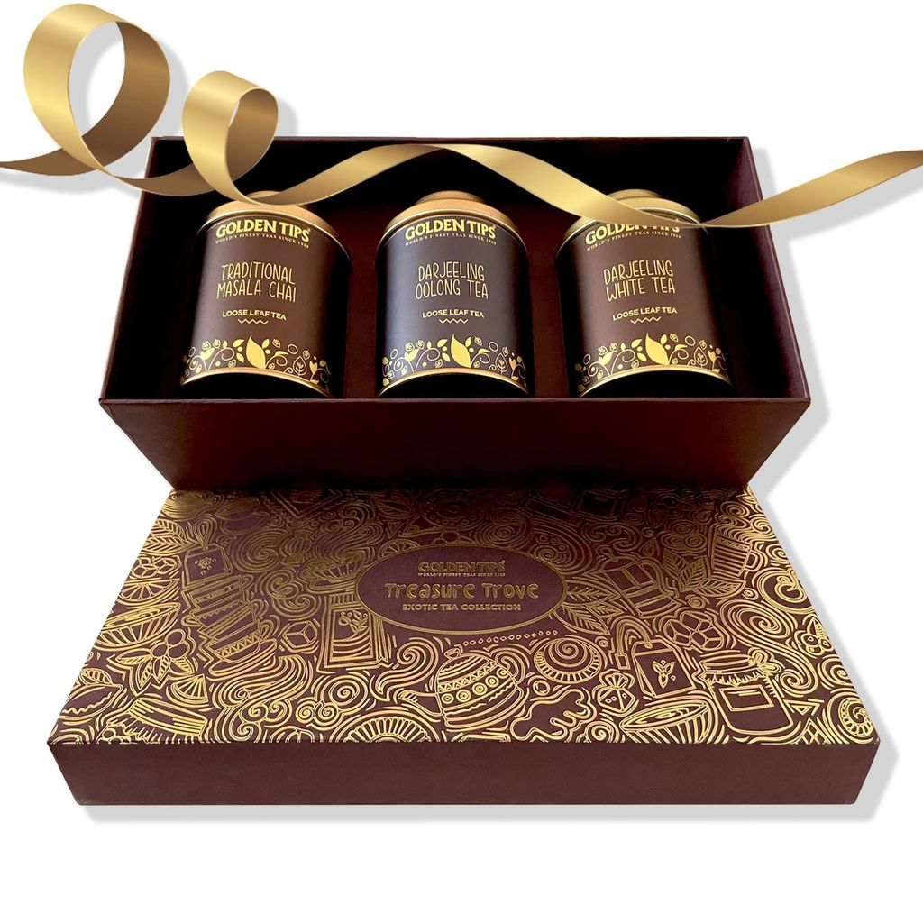 Golden Tips Assorted Tea Gift Box | Immunity Boosting Darjeeling Teas | Gift of Health | Diwali Gift Set | Gift Hamper Combo of Masala chai + Oolong Tea + Darjeeling White Tea