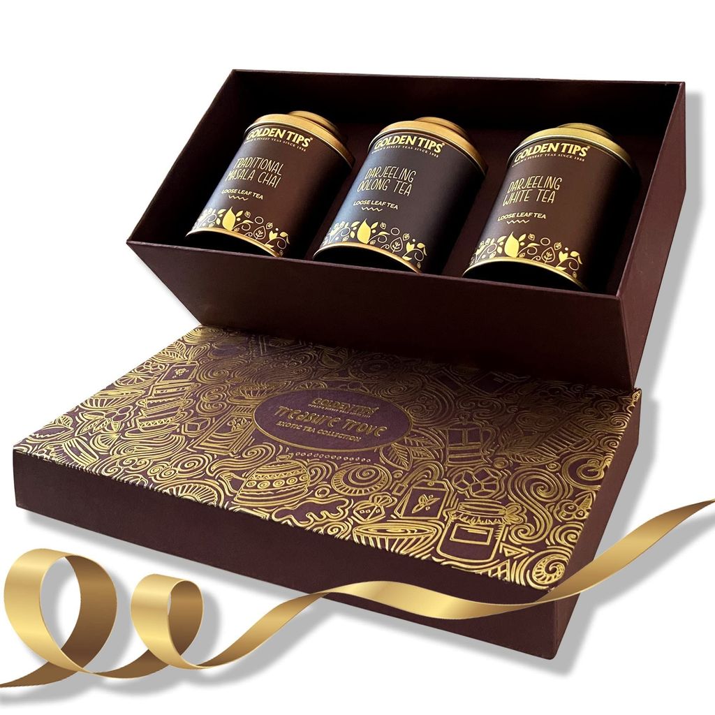 Golden Tips Assorted Tea Gift Box | Immunity Boosting Darjeeling Teas | Gift of Health | Diwali Gift Set | Gift Hamper Combo of Masala chai + Oolong Tea + Darjeeling White Tea