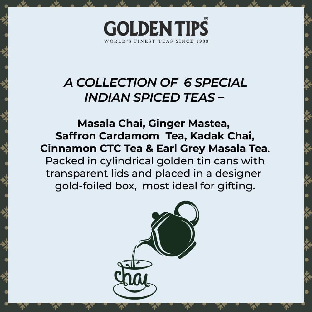 Golden Tips Gift Combos of Masala Chai, Ginger Mastea, Saffron Cardamom Tea, Kadak Chai, Cinnamon CTC Tea & Ginger CTC Tea (3.53oz - 100 gm - 50 cups)