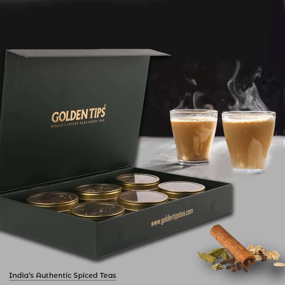 Golden Tips Gift Combos of Masala Chai, Ginger Mastea, Saffron Cardamom Tea, Kadak Chai, Cinnamon CTC Tea & Ginger CTC Tea (3.53oz - 100 gm - 50 cups)