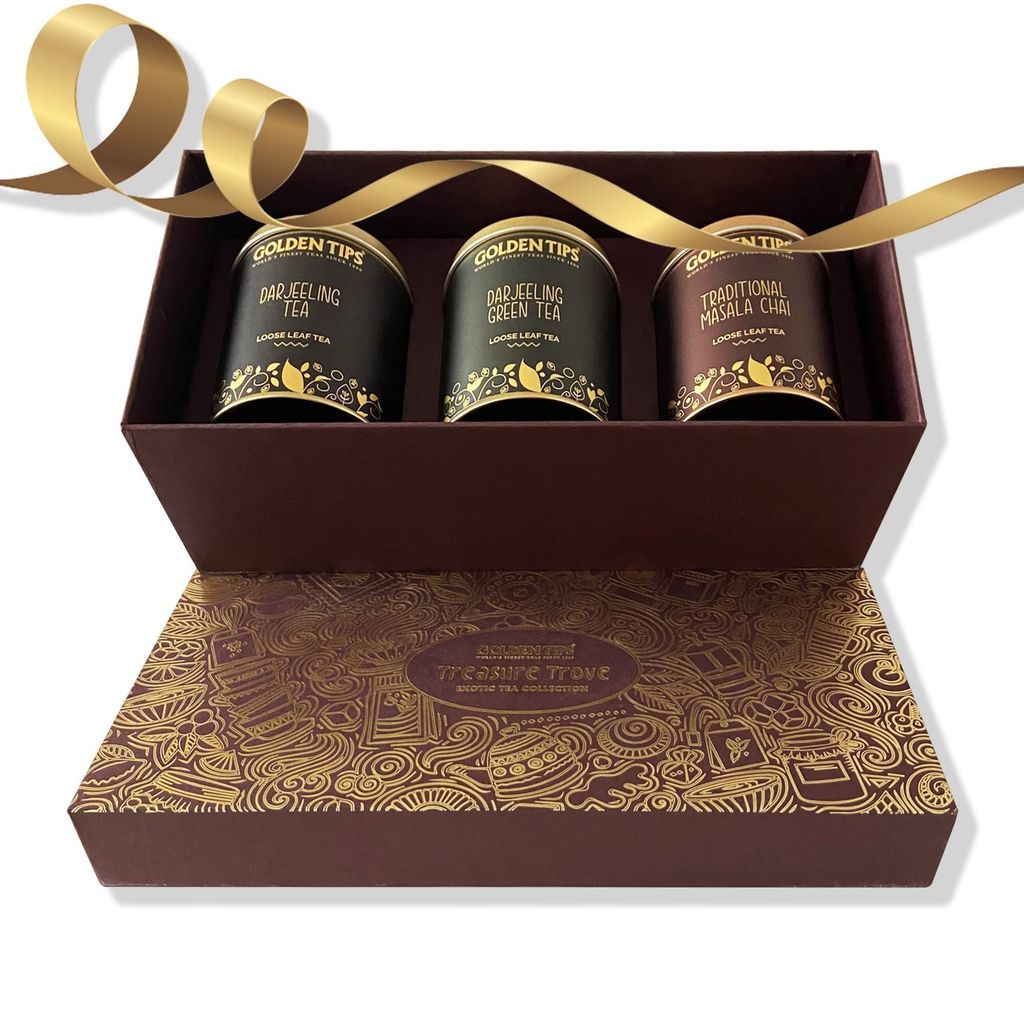Golden Tips Assorted Tea Gift Box | Perfect Diwali Gifts for Family and Friends | Diwali Gift Set | Gift Hamper of Darjeeling Tea + Darjeeling Green Tea + Masala Chai