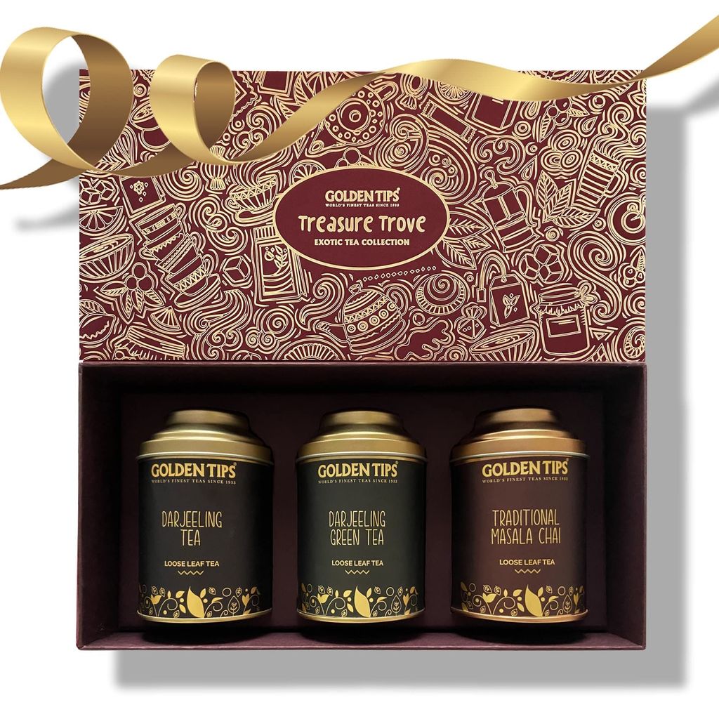 Golden Tips Assorted Tea Gift Box | Perfect Diwali Gifts for Family and Friends | Diwali Gift Set | Gift Hamper of Darjeeling Tea + Darjeeling Green Tea + Masala Chai