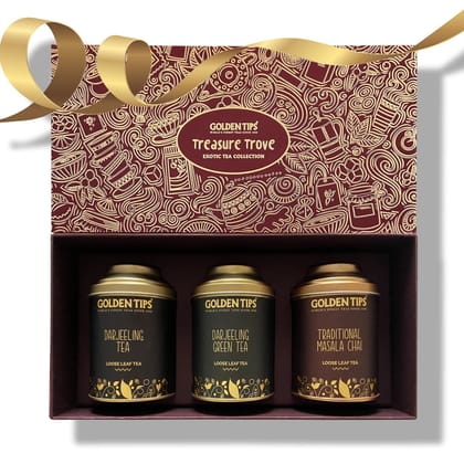 Golden Tips Assorted Tea Gift Box | Perfect Diwali Gifts for Family and Friends | Diwali Gift Set | Gift Hamper of Darjeeling Tea + Darjeeling Green Tea + Masala Chai