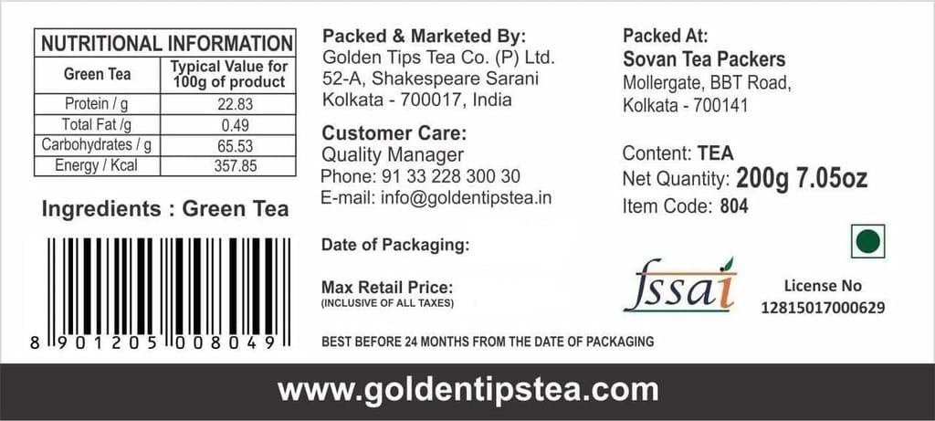 Golden Tips Healthy/ Natural and Organic Darjeeling Green Tea Bags (100 Bags, 200 Gram )