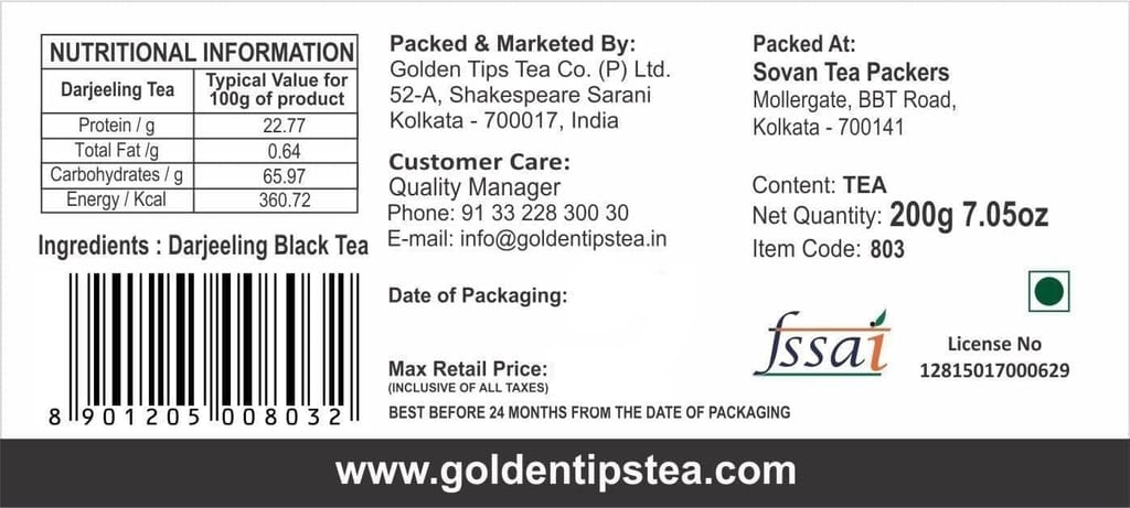Golden Tips Pure Darjeeling Black Tea Bags (100 Bags, 200 Gram)