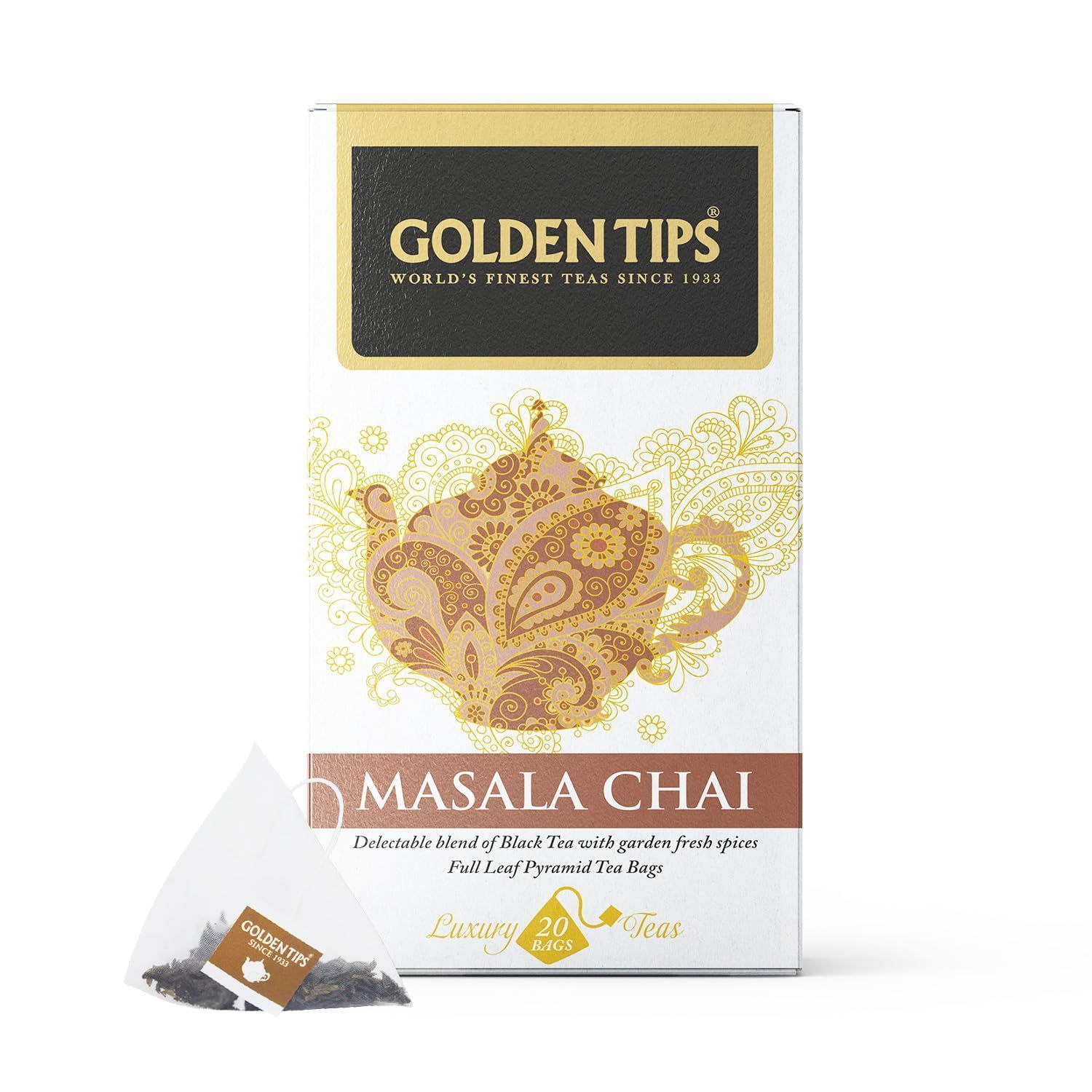 Golden Tips Full Leaf Pyramid Masala Chai Tea Bags (20 Bags, 40 Gram )