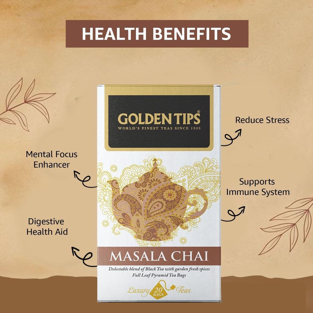 Golden Tips Full Leaf Pyramid Masala Chai Tea Bags (20 Bags, 40 Gram )