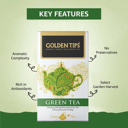 Golden Tips Healthy/Natural and Organic Garden Fresh Darjeeling Green Pyramid Tea Bags (20 Bags, 40 Gram)