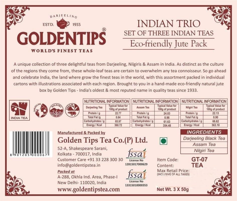 Golden Tips Loose Leaves Black Tea Set of 3 Premium Teas in Jute Box Darjeeling, Nilgiri and Assam (3x50 Gram)