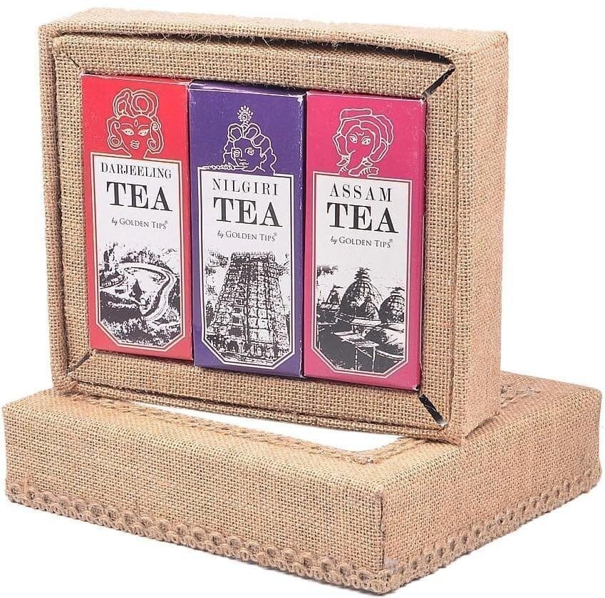 Golden Tips Loose Leaves Black Tea Set of 3 Premium Teas in Jute Box Darjeeling, Nilgiri and Assam (3x50 Gram)