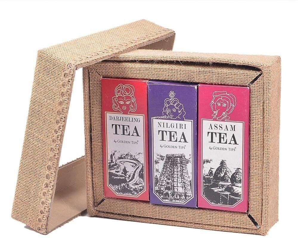 Golden Tips Loose Leaves Black Tea Set of 3 Premium Teas in Jute Box Darjeeling, Nilgiri and Assam (3x50 Gram)