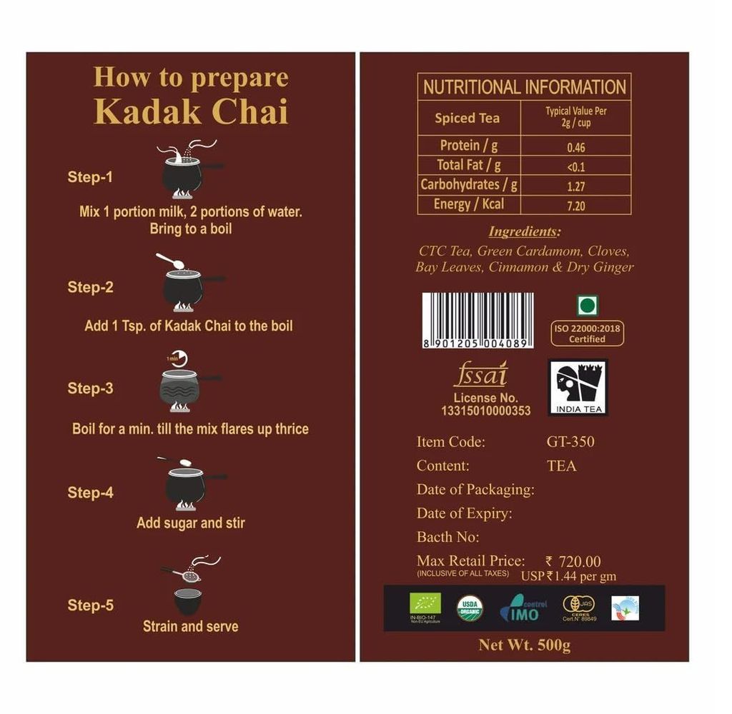 Golden Tips Loose Leaves Assam Spicy Masala Blend Kadak Chai Pouch (250 cups, 500 Gram)