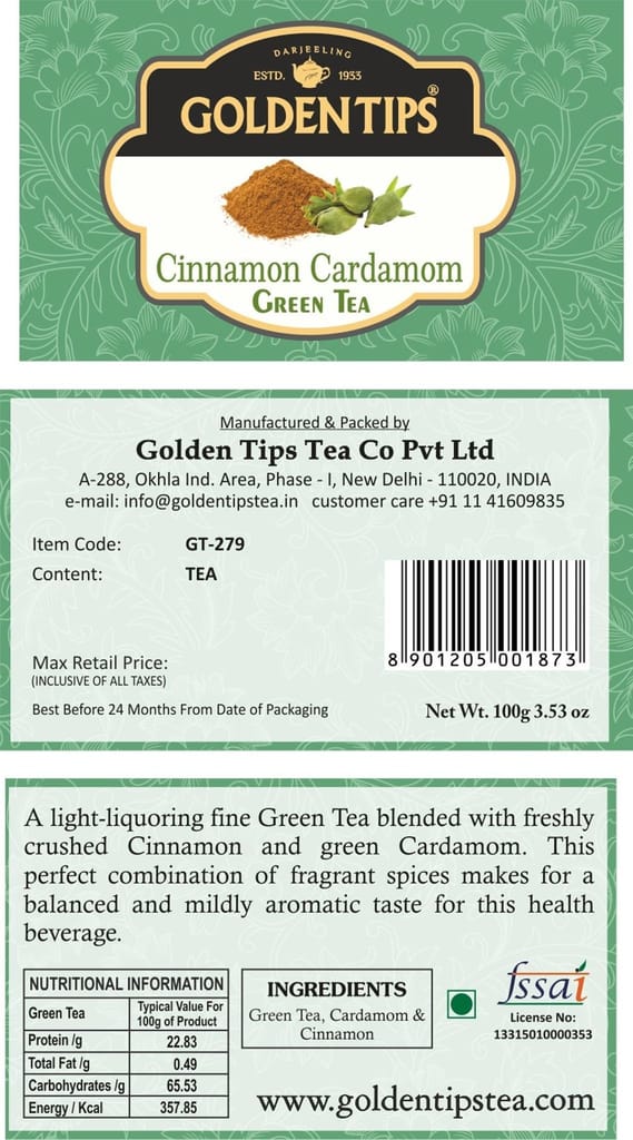 Golden Tips Loose Leaves Green Tea Cinnamon Cardamom (100 Gram, 50 cups)
