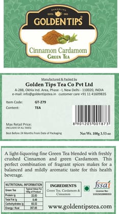 Golden Tips Green Tea with Cinnamon & Cardamom, Aromatic Whole Leaf Blend, Antioxidant-Rich Detox Tea, Mildly Spiced & Refreshing, Serve Hot or Iced (100 Gram, 50 Cups)