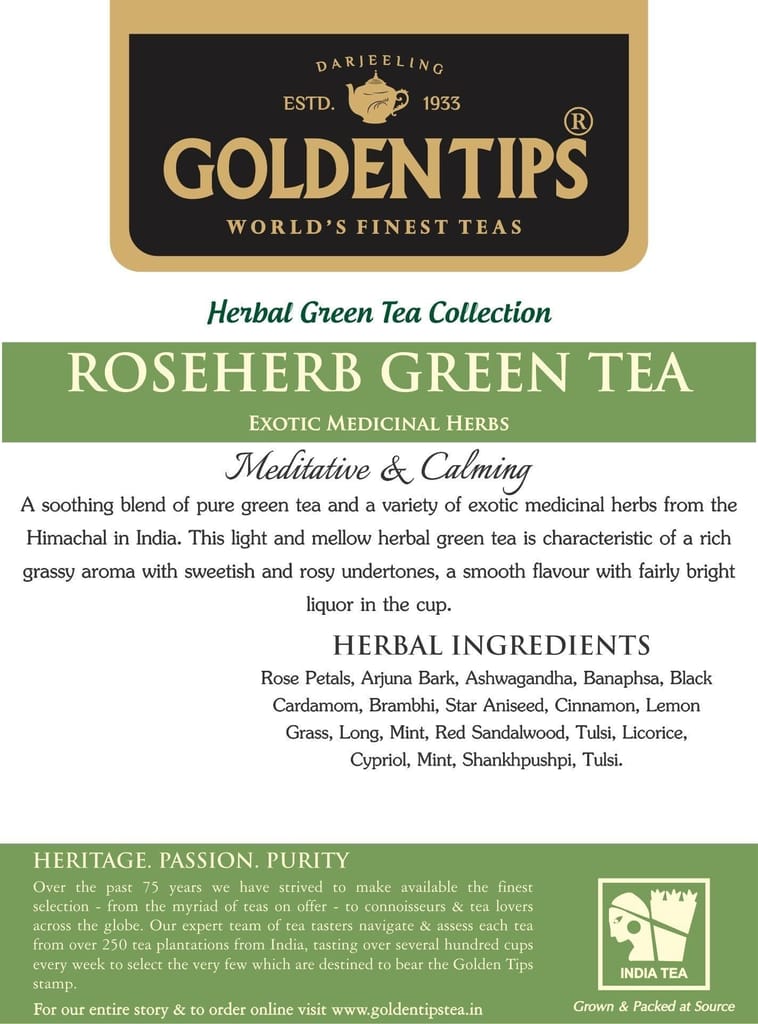 Golden Tips Rose Herb Green Tea Loose Leaves Brocade Bag (100 Gram , 50 cups)