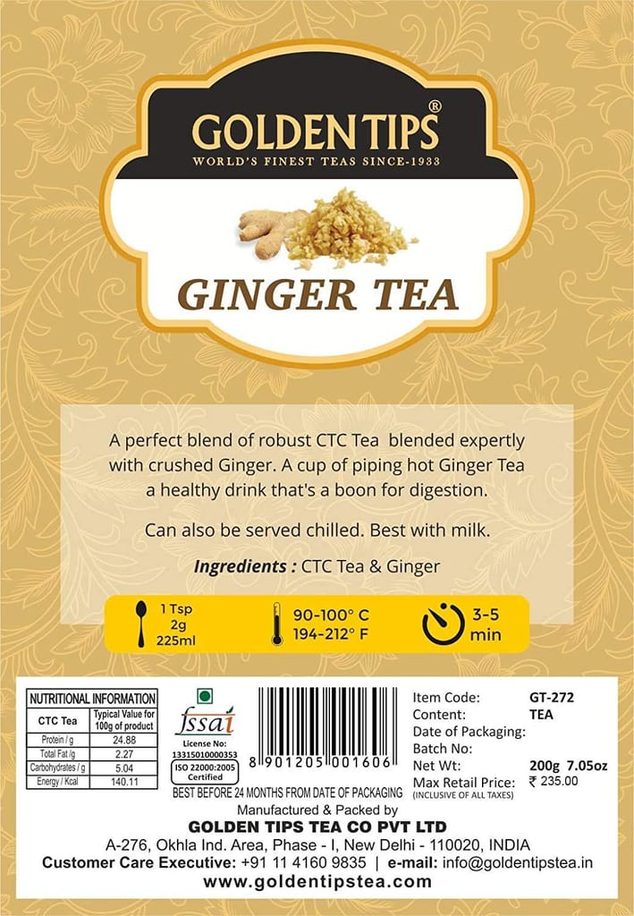 Golden Tips Special Ginger CTC Black Tea Indian Masala Chai Loose Leaves Pouch (100 Gram, 50 cups)
