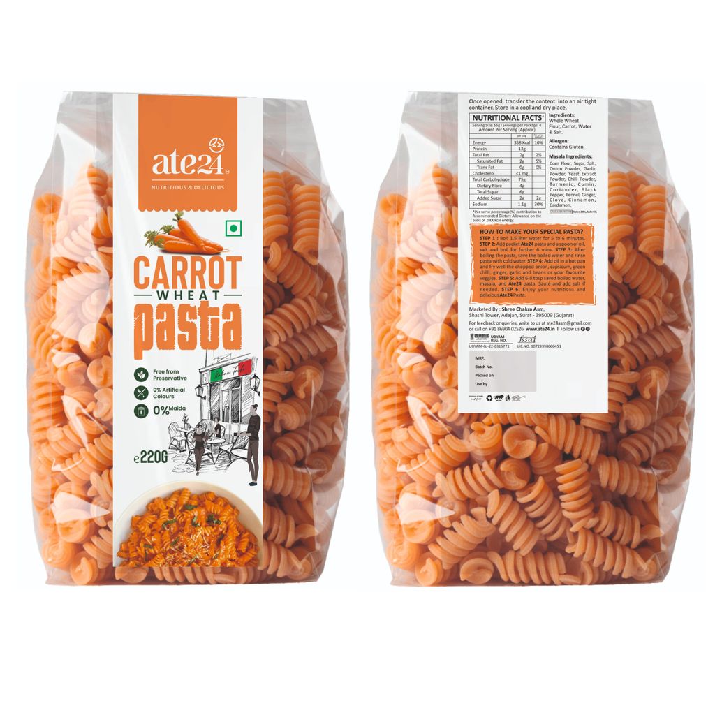 Whole wheat fusilli Pasta combos- 100% natural, steam baked, fresh vegetable pulp, No preservatives, added color, stabalisers