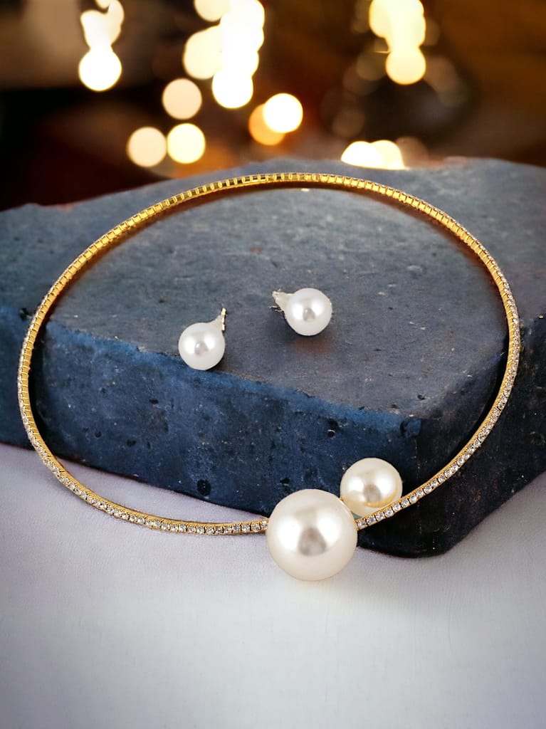 LUCKY JEWELLERY Designer Gold Plating Pearl and Stone Choker Hasli Necklace Set With Earrings For Women & Girls (228-CHSM-1142) - Jewellery Sets | Buy online on ZillyBuy