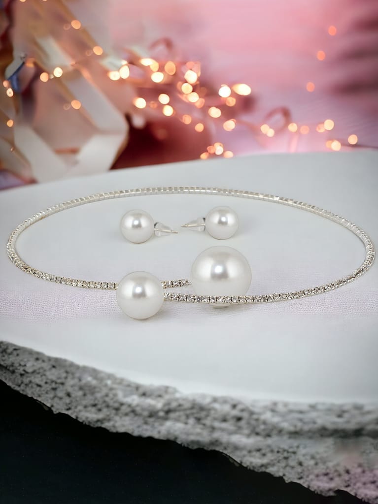 LUCKY JEWELLERY Designer Silver Plating Pearl and Stone Choker Hasli Necklace Set With Earrings For Women & Girls (228-CHSM-1142-S)