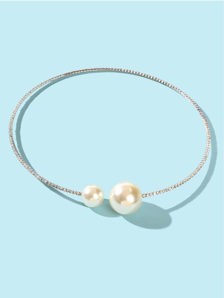 LUCKY JEWELLERY Designer Silver Plating Pearl and Stone Choker Hasli Necklace Set With Earrings For Women & Girls (228-CHSM-1142-S)