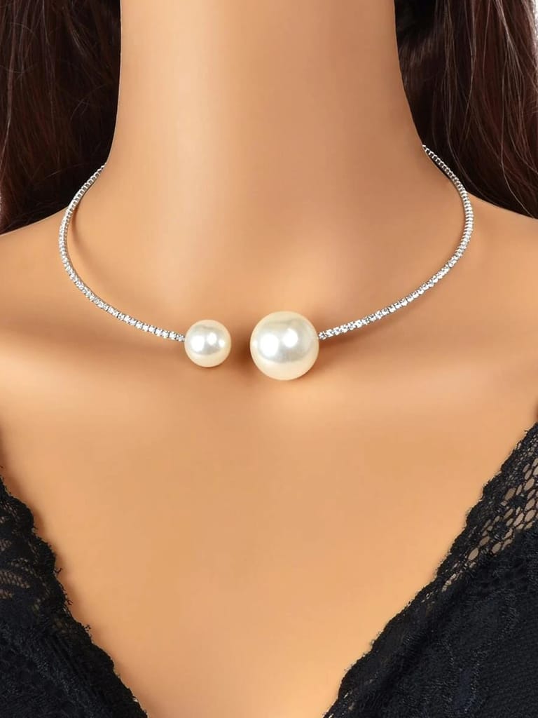 LUCKY JEWELLERY Designer Silver Plating Pearl and Stone Choker Hasli Necklace Set With Earrings For Women & Girls (228-CHSM-1142-S)