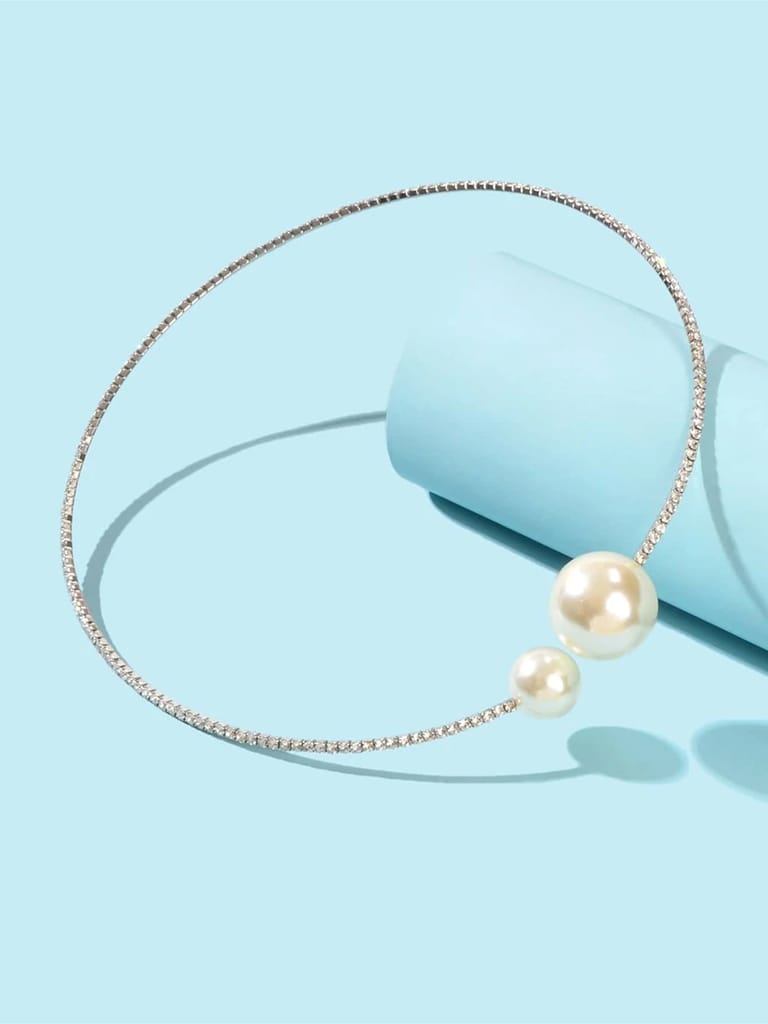 LUCKY JEWELLERY Designer Silver Plating Pearl and Stone Choker Hasli Necklace Set With Earrings For Women & Girls (228-CHSM-1142-S)