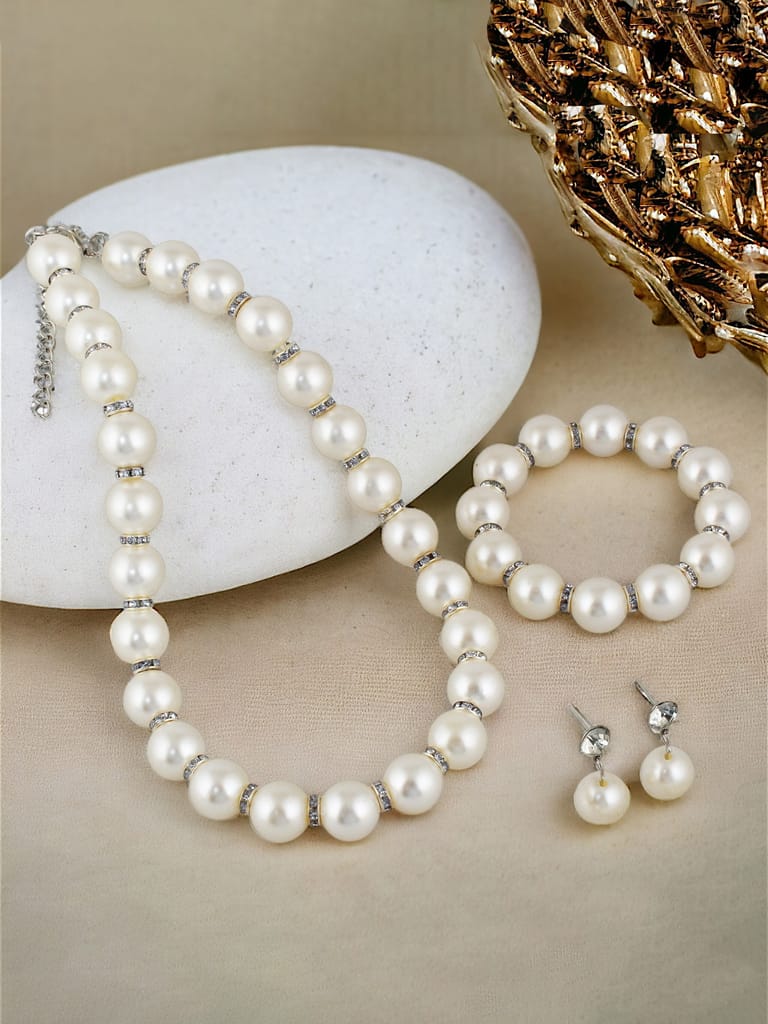 LUCKY JEWELLERY Fashion Jewelry for Women & Girls Pearl Necklace Set | Pearl Necklace With Bracelet And Earrings| Birthday Gift Women Anniversary Gift for Wife Valentine Gift for Girls (240-CHSM-1290)