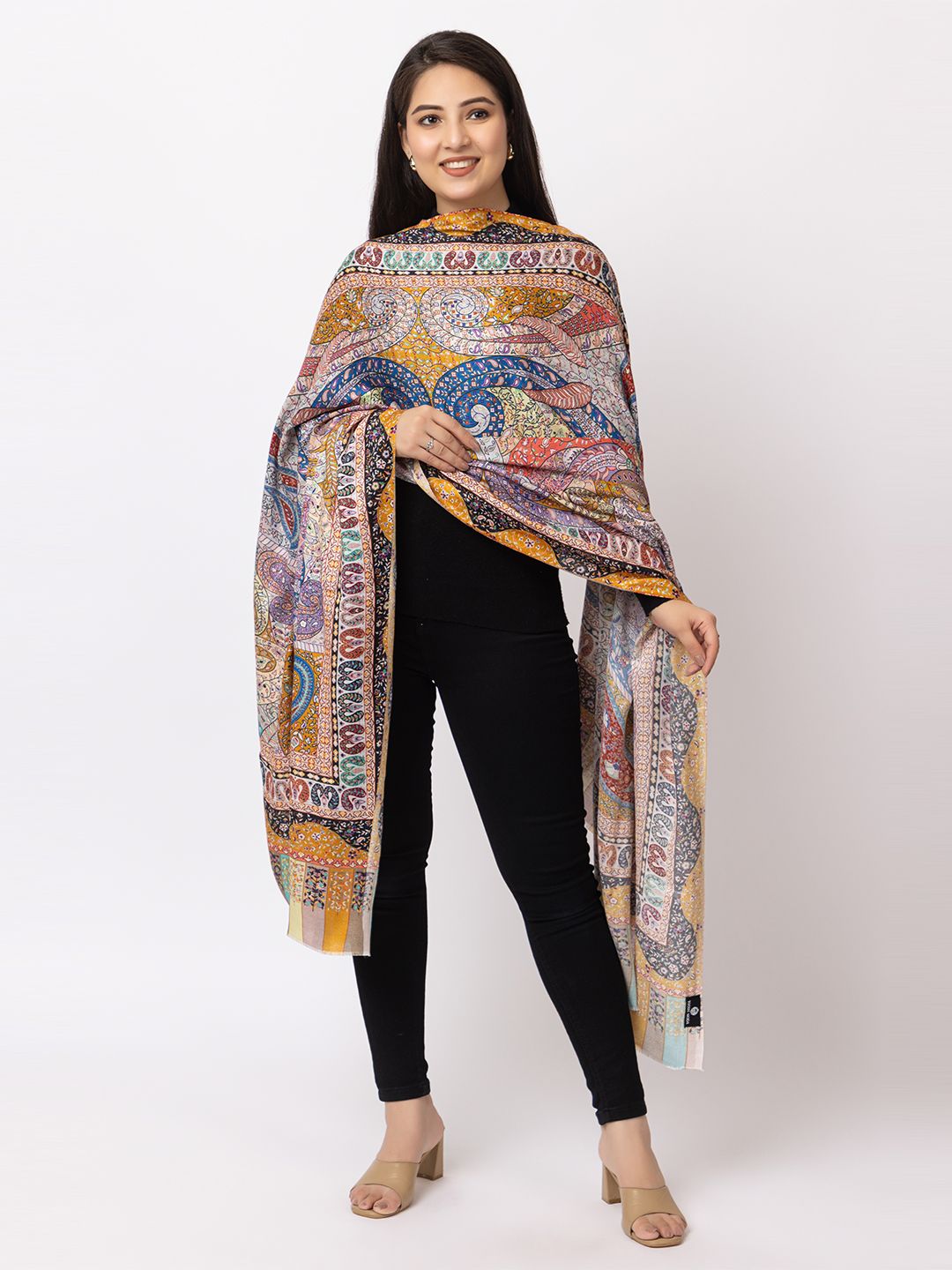 Toosh Moda Women's Emballished Beautiful Ethnic Winter Wear fine modal silk Digital Print Shawls (Mustard 100*200)