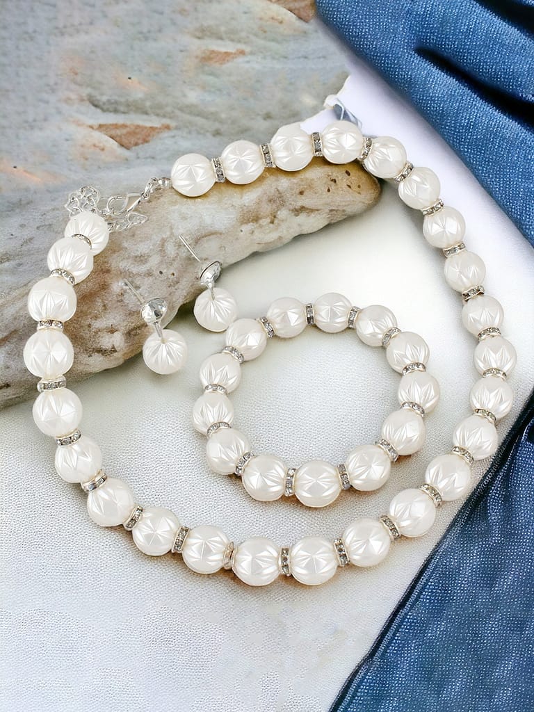 LUCKY JEWELLERY Fashion Jewelry for Women & Girls Pearl Necklace Set | Pearl Necklace With Bracelet And Earrings| Birthday Gift Women Anniversary Gift for Wife Valentine Gift for Girls (240-CHSM-1291)