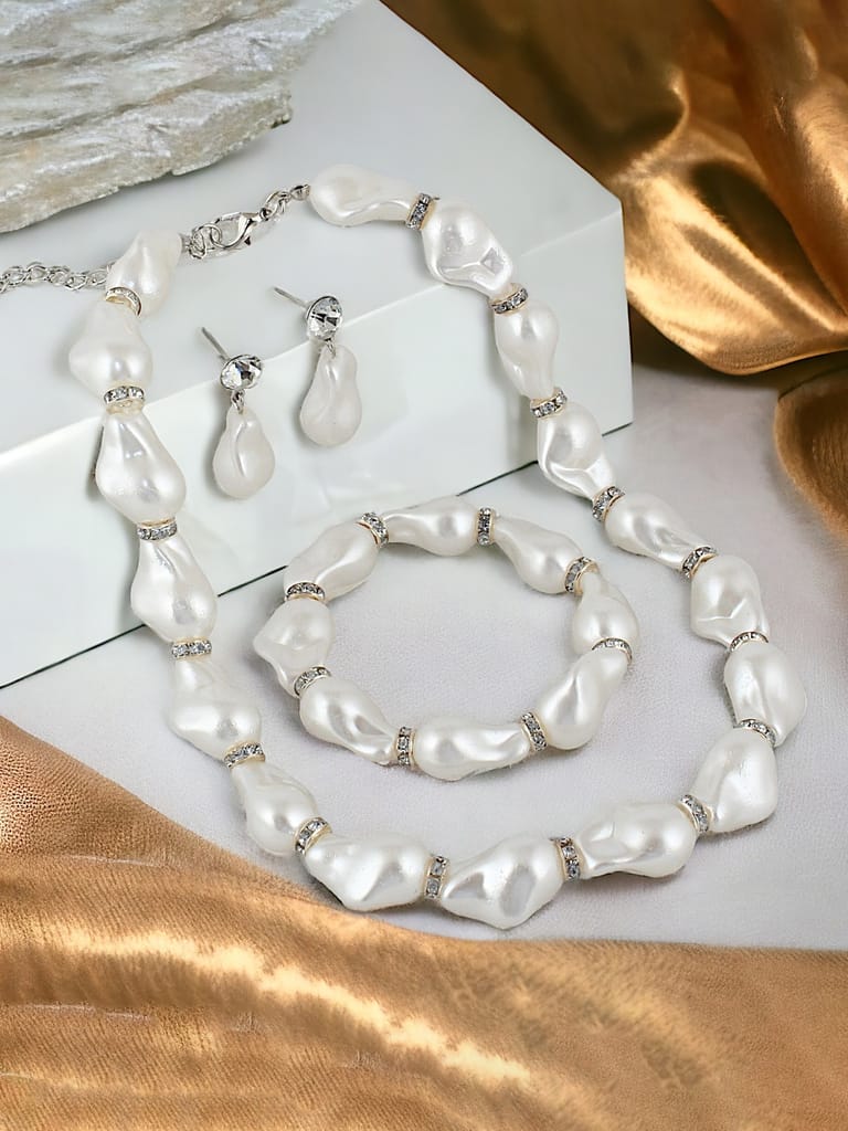 LUCKY JEWELLERY Fashion Jewelry for Women & Girls Pearl Necklace Set | Pearl Necklace With Bracelet And Earrings| Birthday Gift Women Anniversary Gift for Wife Valentine Gift for Girls (240-CHSM-1292)